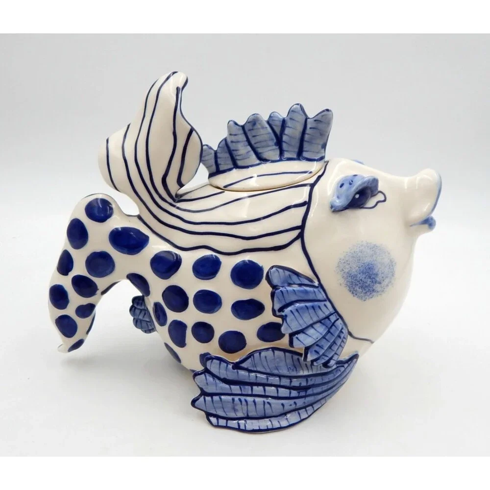 Blue Sky Clayworks Diane Kissy Fish Teapot Blue White Polka Dot 10 Inch 2013